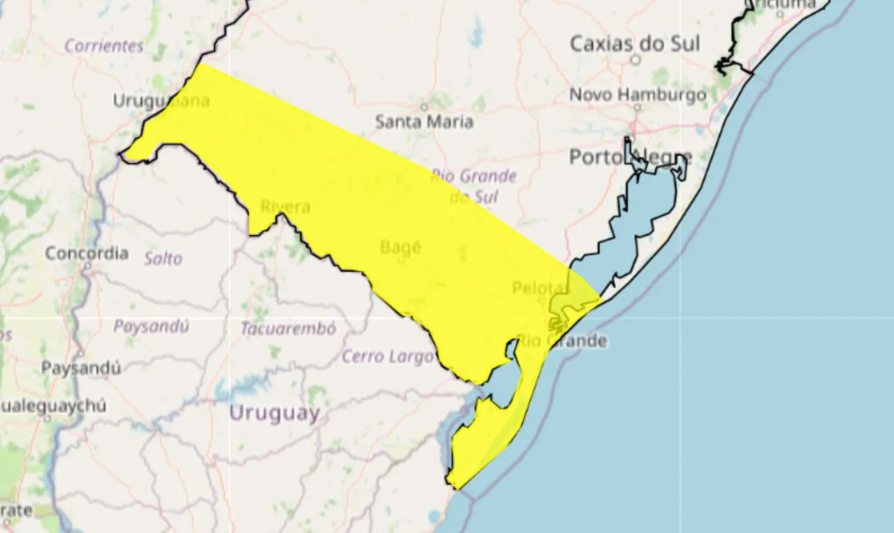 o mapa mostra as &aacute;reas em alerta amarelo para chuva intensa